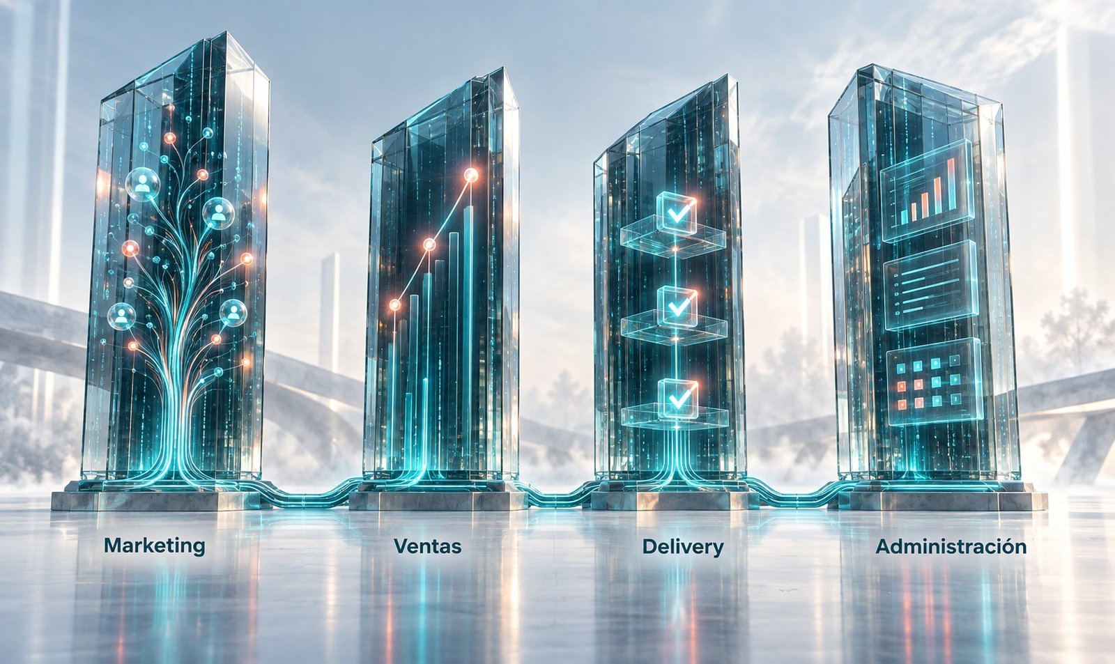 Cuatro bloques de cristal conectados que representan las &aacute;reas del negocio: Marketing, Ventas, Delivery y Administraci&oacute;n