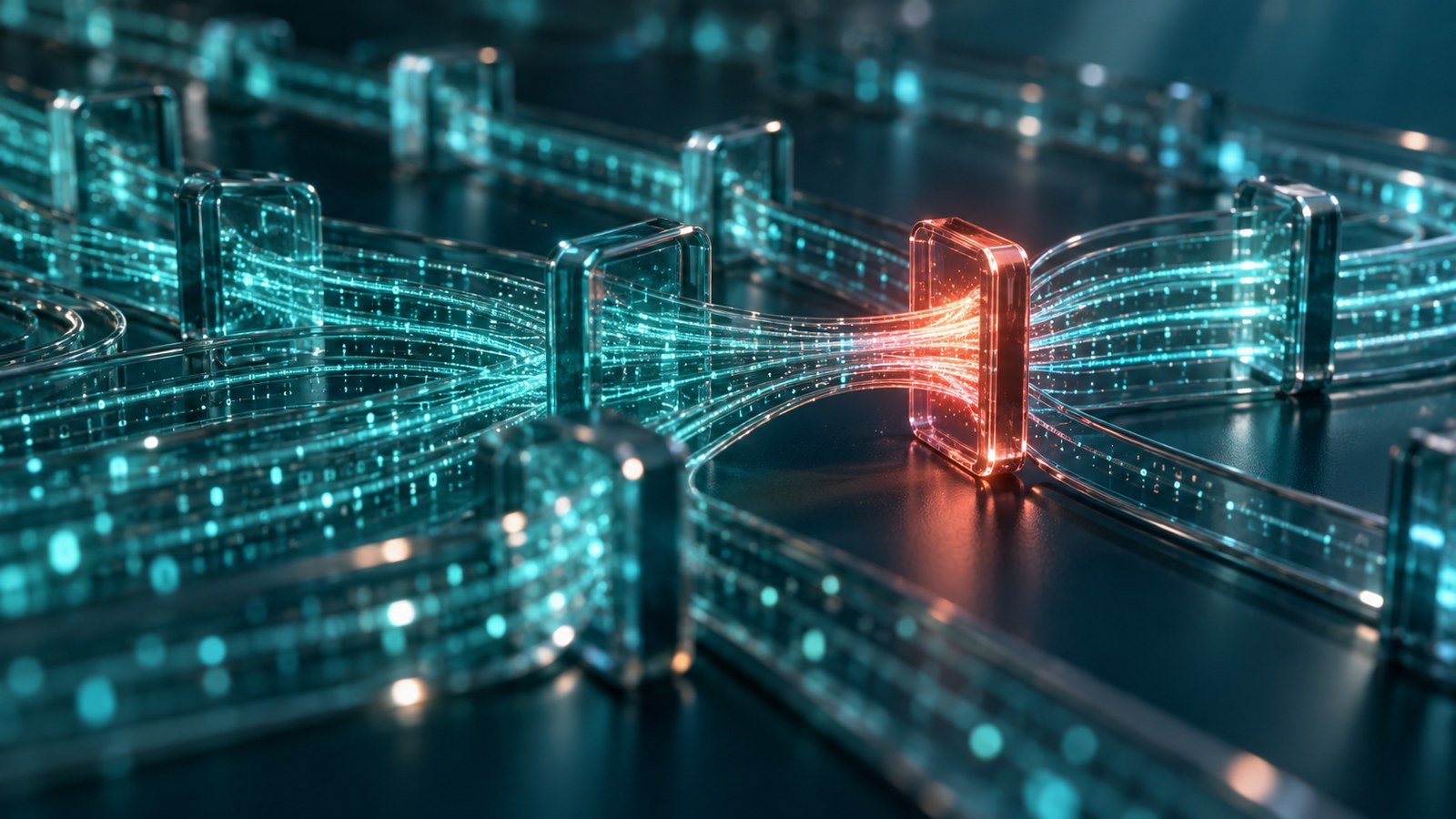 Canales de datos luminosos en cristal, con un punto de bloqueo resaltado en rojo