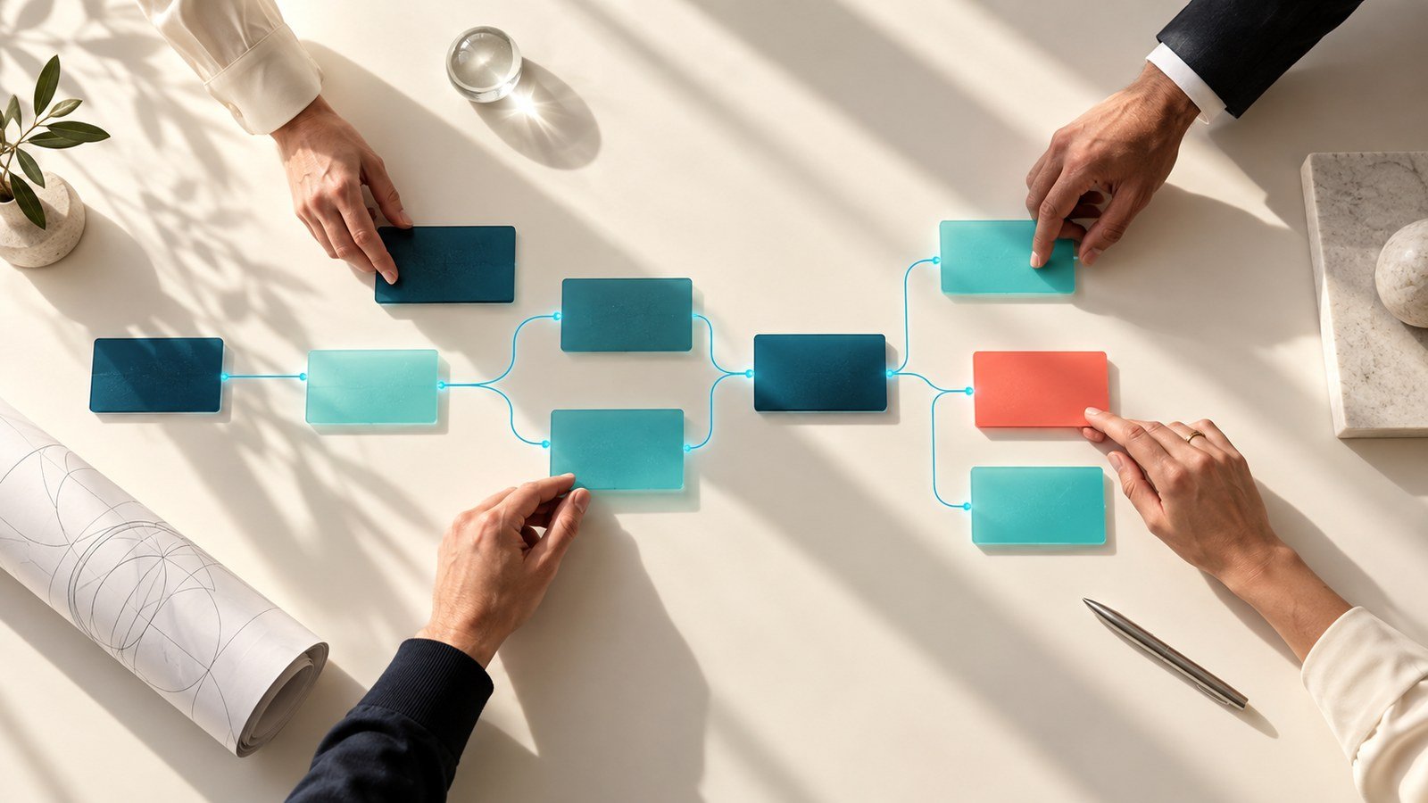 Manos ordenan tarjetas de colores que forman un diagrama de procesos sobre una mesa