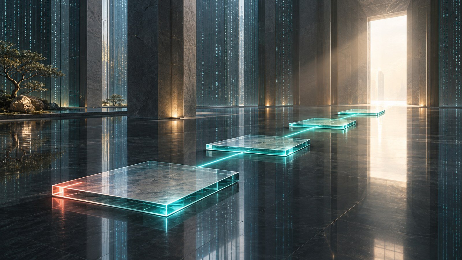 Losas de cristal luminosas que marcan un camino hacia la luz en un gran espacio