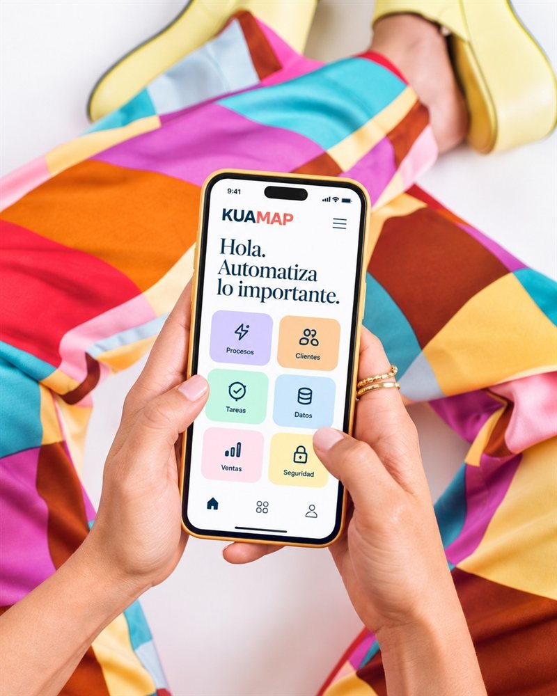 Móvil con la app de Kuamap sobre una tela de colores