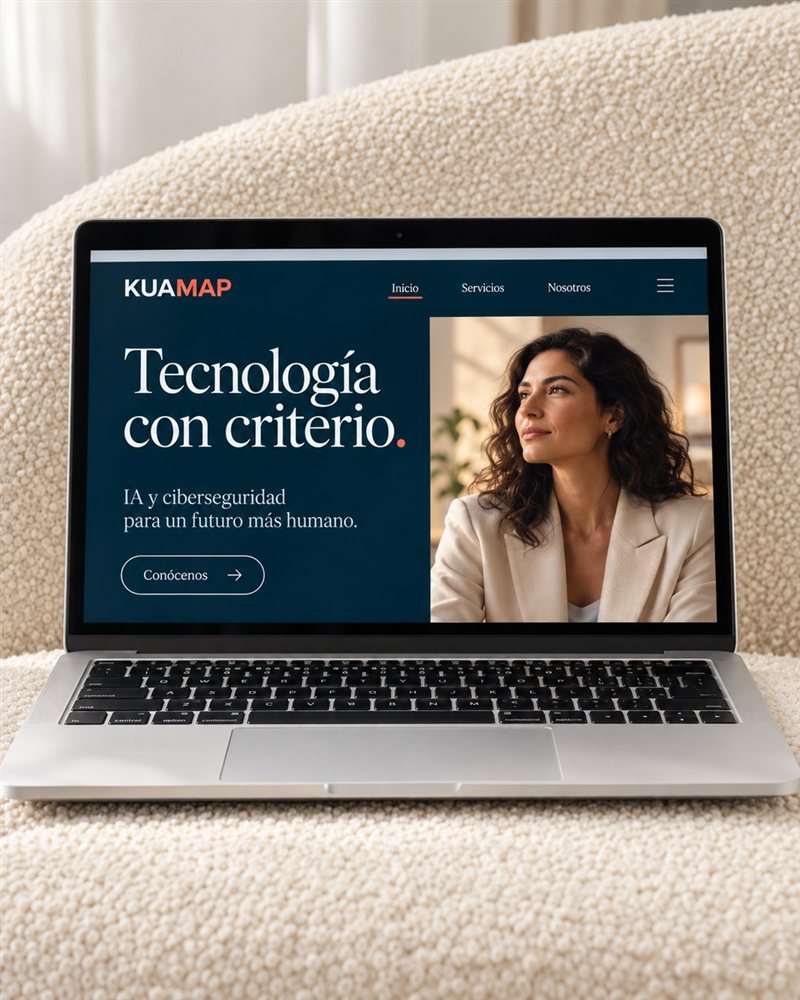 Portátil con la web de Kuamap sobre un sofá claro