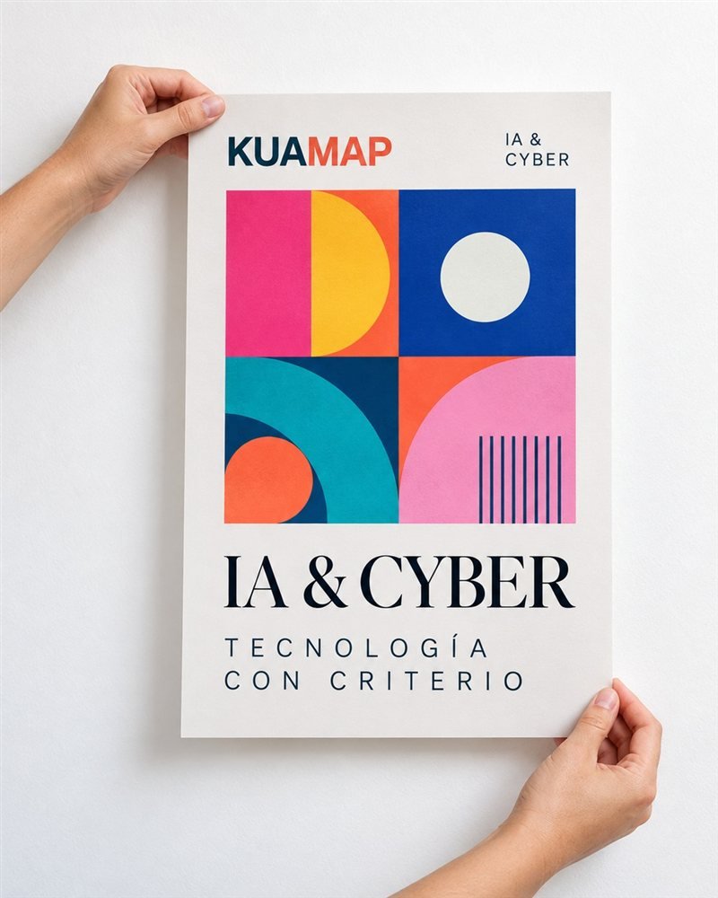 Cartel IA & CYBER de Kuamap sostenido con ambas manos
