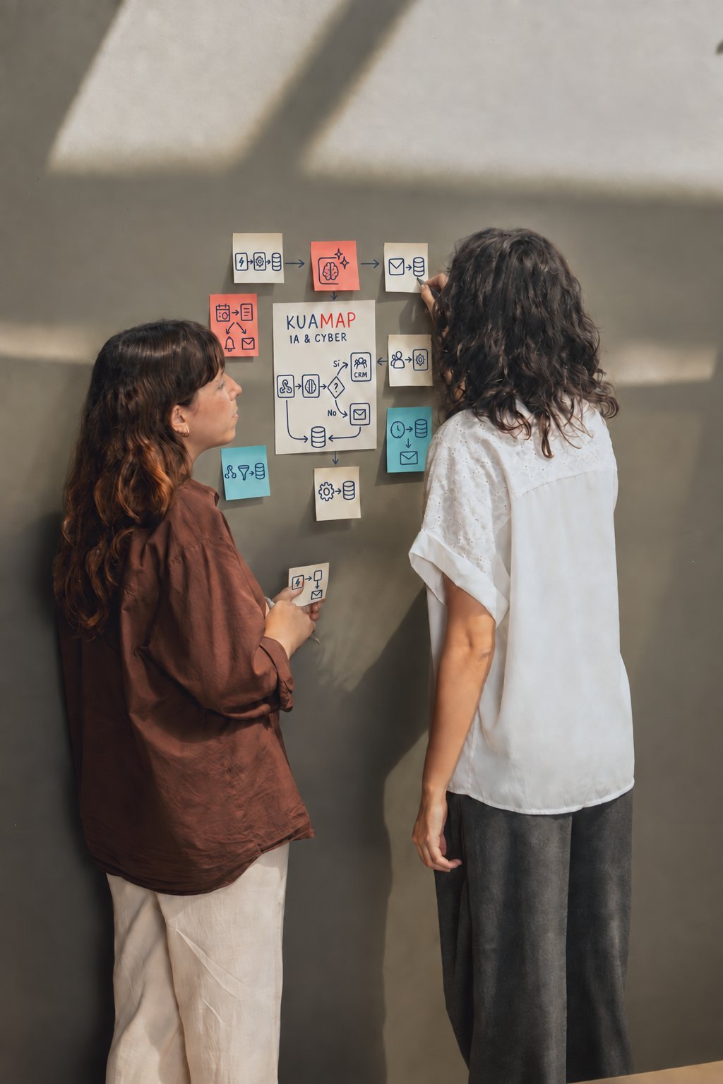 Dos personas ordenan procesos con notas adhesivas en una pared