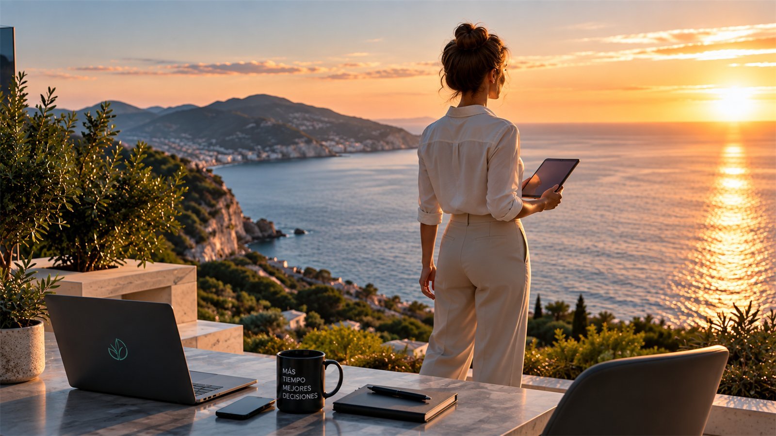 Una profesional contempla el atardecer con su tablet, con el negocio bajo control