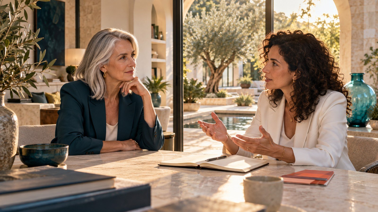 Dos profesionales conversan en una terraza luminosa, con una libreta sobre la mesa